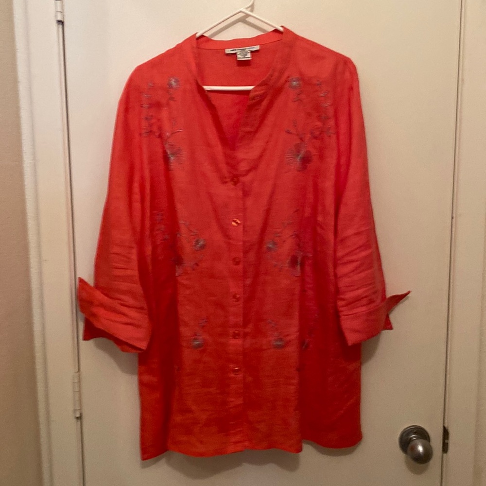 💯 linen 3/4 sleeve button down blouse, jacket, cover up. 2X